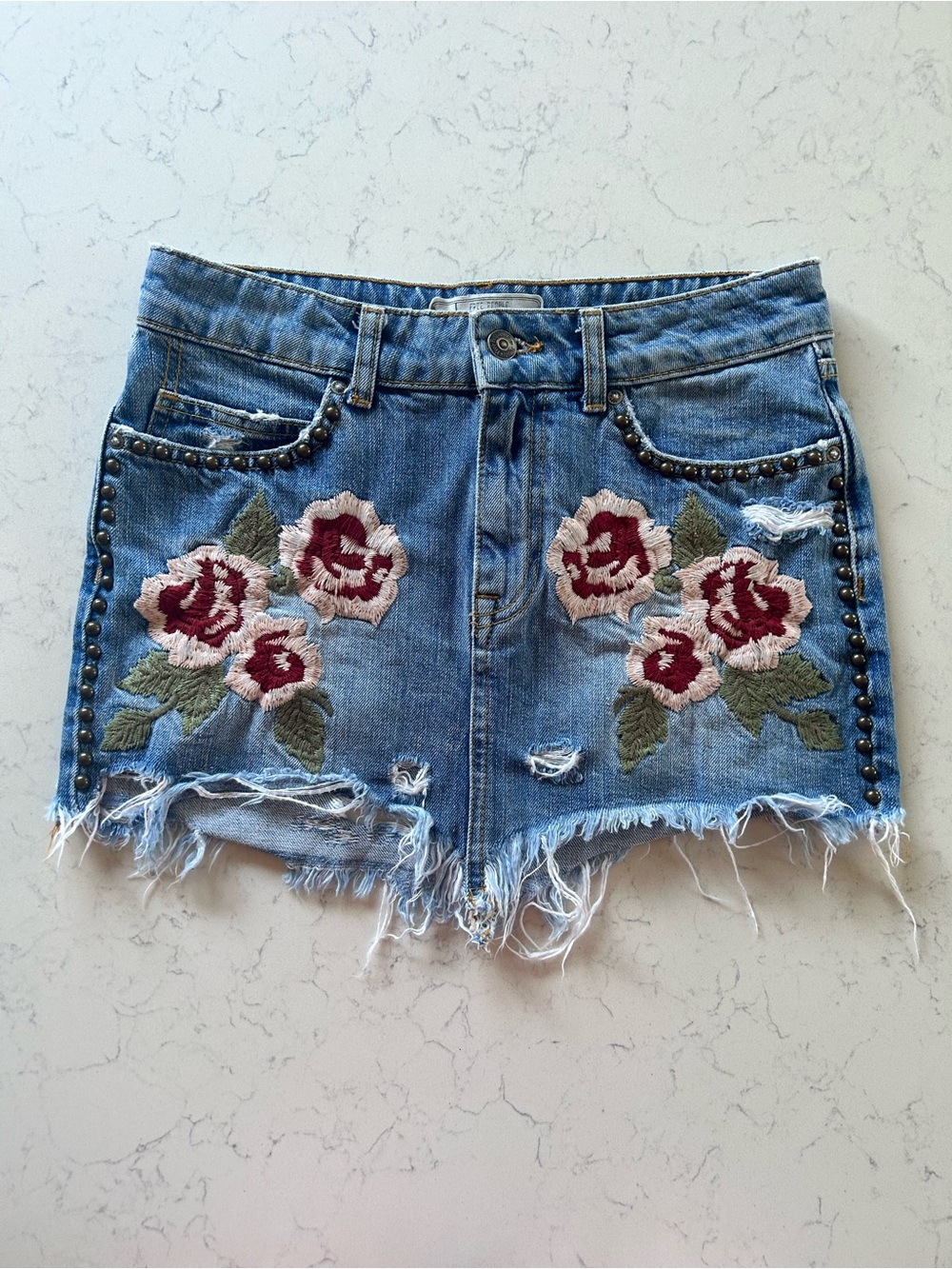 Free People Wild Rose Embroidered Studded Denim Mini Skirt - Picture 4 of 16